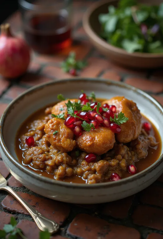 Fesenjoon chicken served