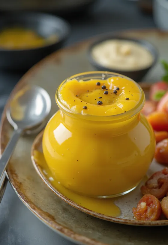 Glass jar of orange-honey mustard sauce.