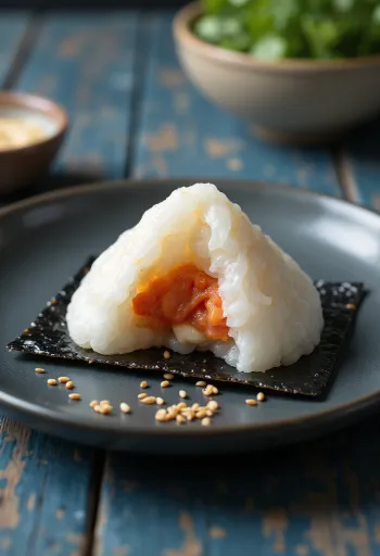 Kimchi Mayo Onigiri, served with fresh cilantro