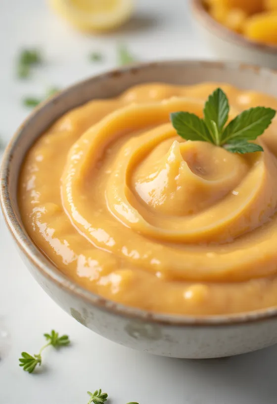 Mango tahini sauce served in a bowl