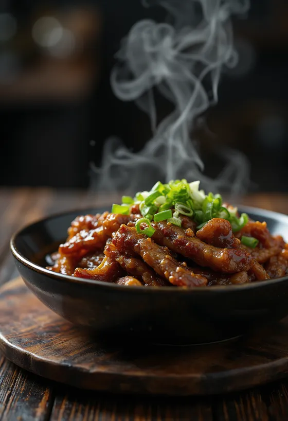 Mongolian beef in soy sauce with green onions