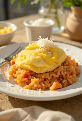 Omurice bowl with mustard and Parmesan cheese, served with colorful vegetables