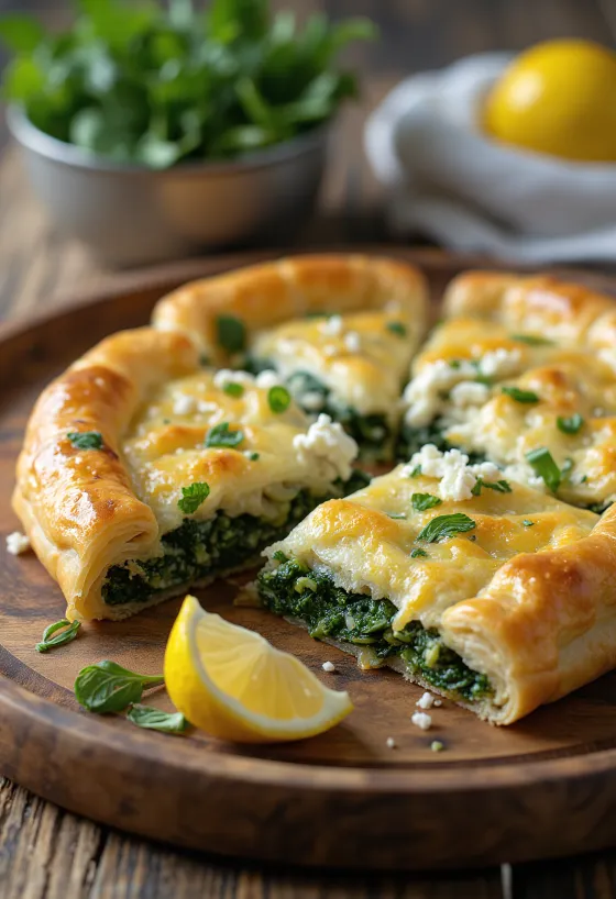 Spanakopita with feta cheese, spinach filling in crispy phyllo dough
