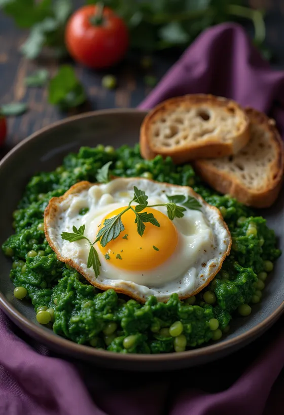 Creamed spinach stew thickened with milk, served with fresh fried sunny-side-up eggs