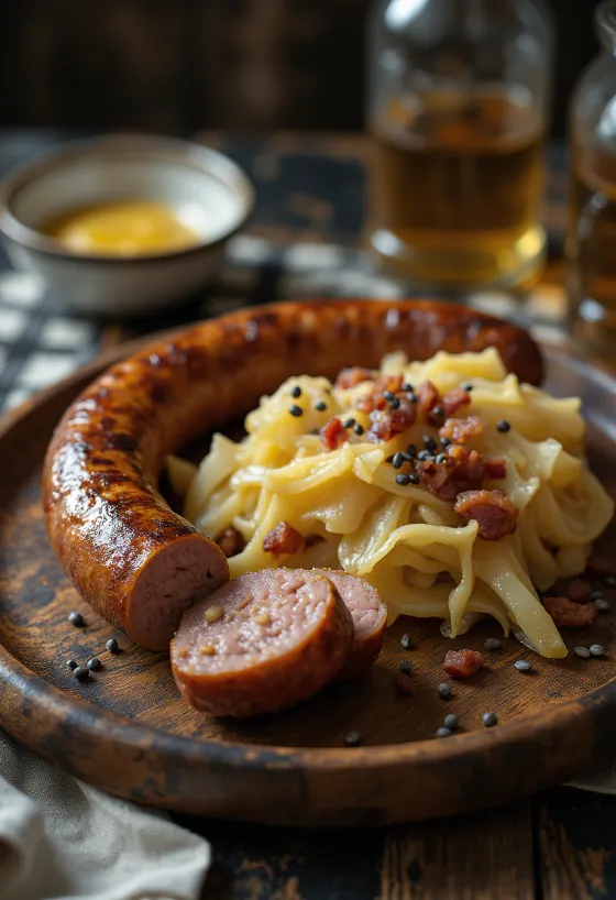 Roasted sausages served on sauerkraut