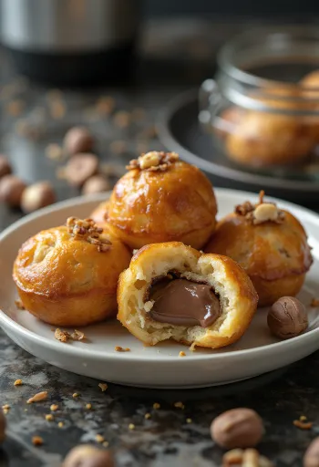 Nutella stuffed æbleskiver baked golden brown, sprinkled with powdered sugar