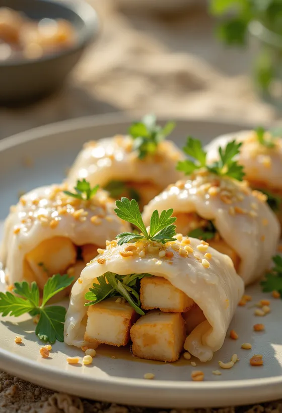 Vegan Tofu Bánh Cuốn with cilantro