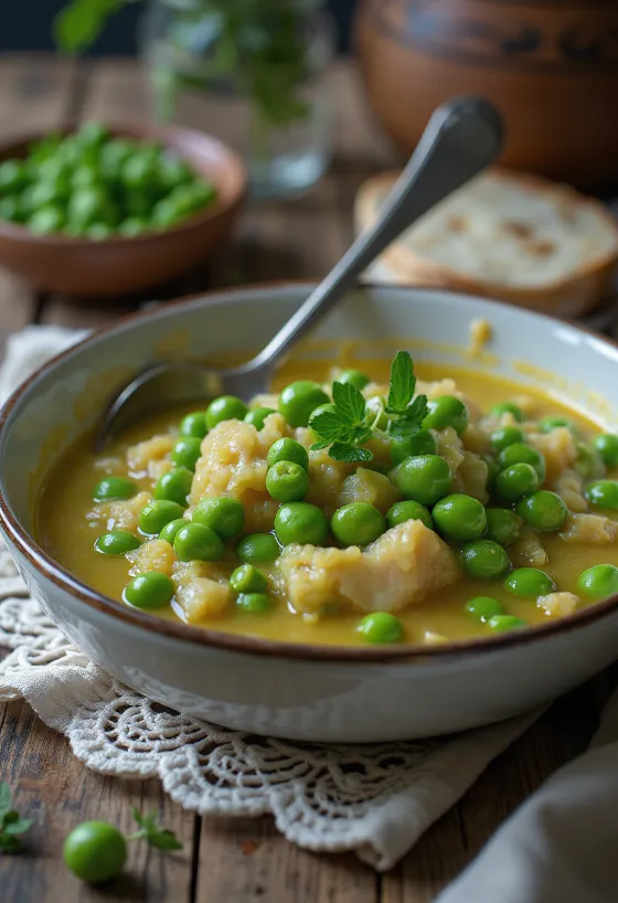 Creamy green pea stew served with fresh parsley.
