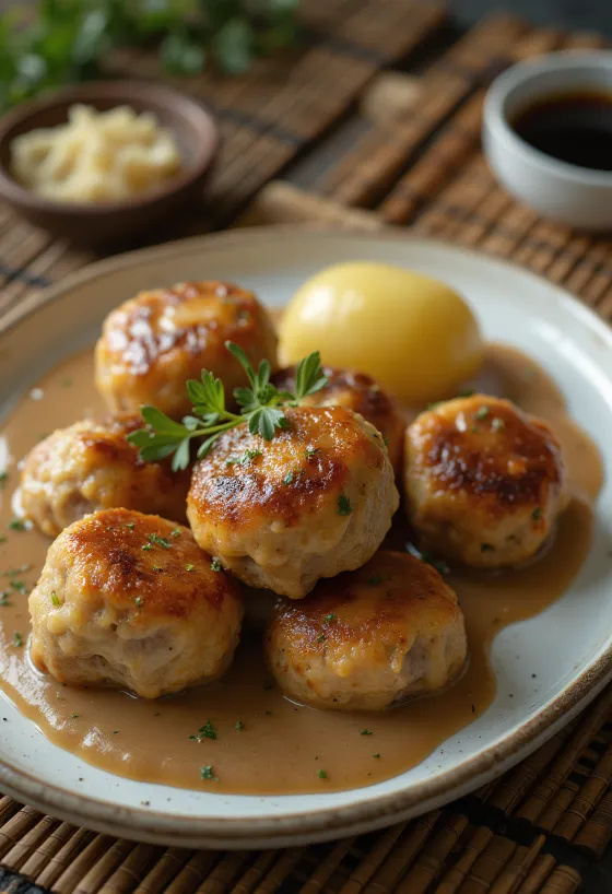 Frikadeller served with brown gravy and fresh parsley