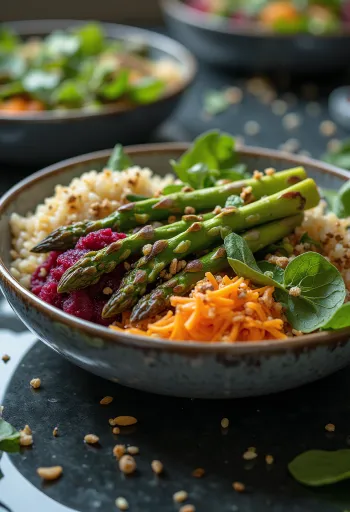 Grilled asparagus Buddha bowl served