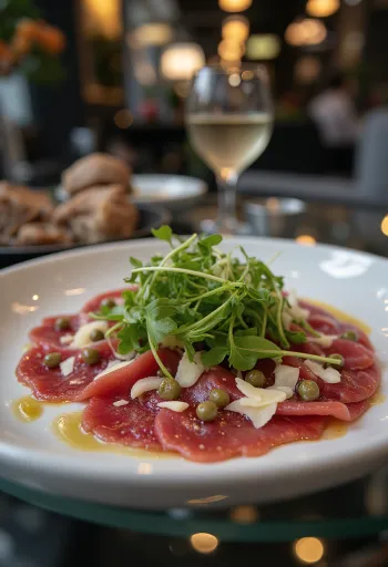 Plate of meat carpaccio topped with arugula and parmesan shavings.