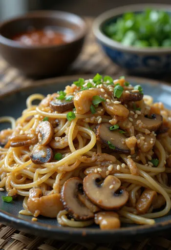 Mushroom Japchae served with sweet potato noodles and vegetables