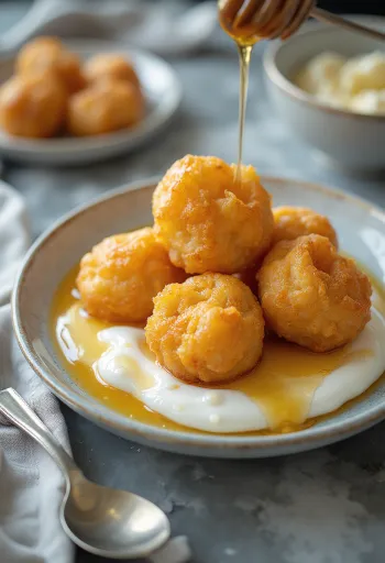 Loukoumades with honey yogurt, crispy donuts on yogurt base