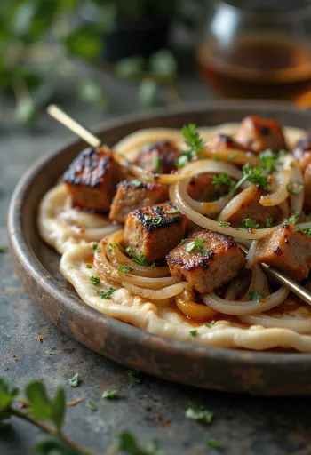 Shashlik nyársak tálalva grillezett zöldségekkel
