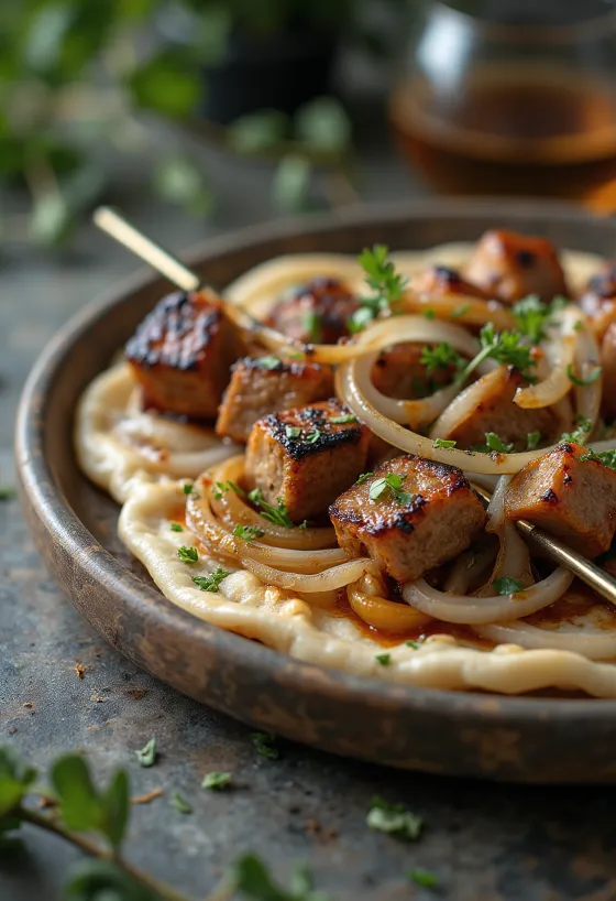 Shashlik nyársak tálalva grillezett zöldségekkel