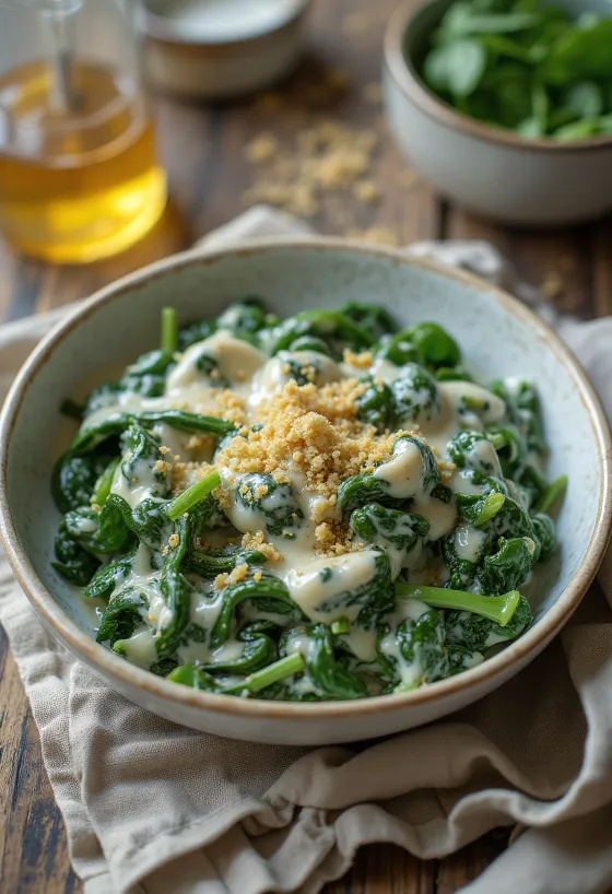 Creamy spinach cooked fresh, served on a white plate.