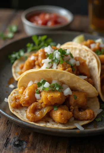 Tripas taco in corn tortilla with crispy fried beef tripe
