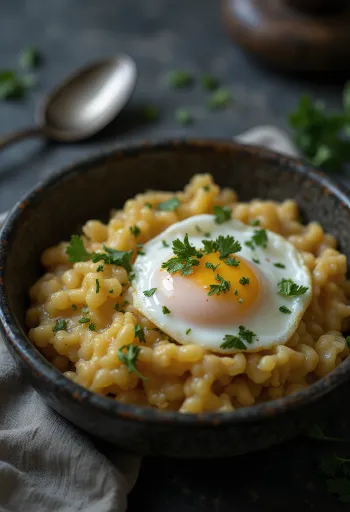 Açorda with poached eggs, garnished with fresh cilantro and drizzled with lemon juice