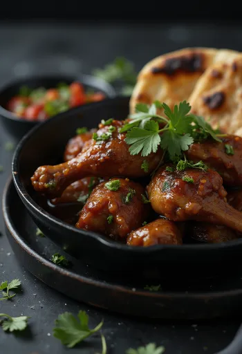 Adobo chicken served with naan bread in savory spiced sauce