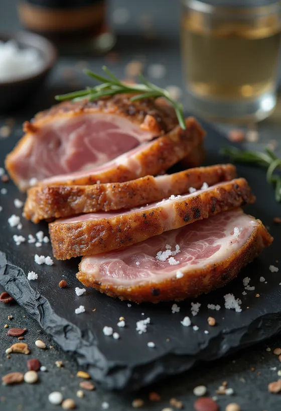 Sliced Iberico pork secreto on a cutting board.