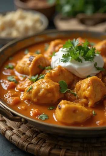 Chicken tikka masala in creamy tomato sauce, garnished with fresh cilantro