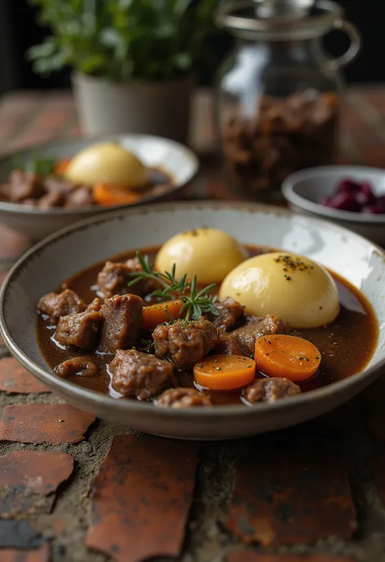 Swedish Kalops beef stew with carrots and boiled potatoes