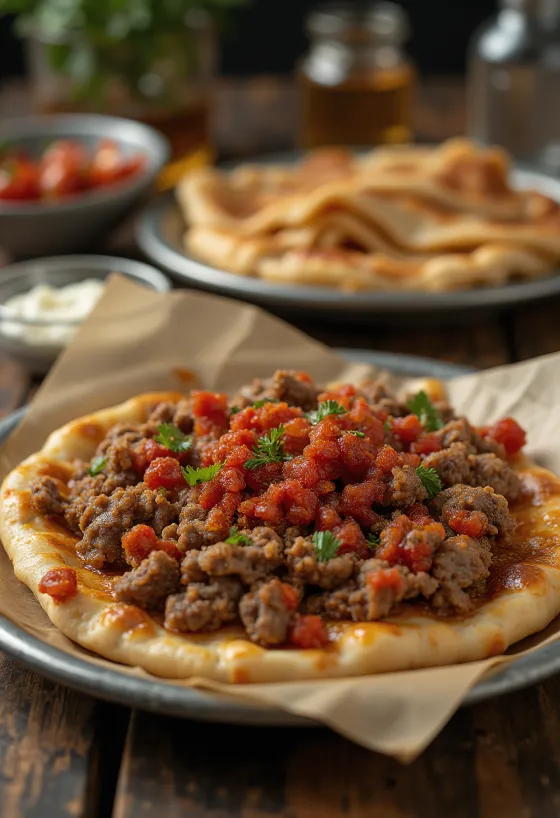Cumin-spiced Lahmacun with fresh dough and seasoned meat