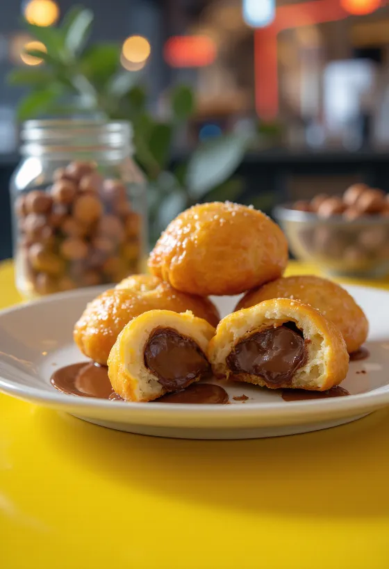 Nutella filled Loukoumades, golden brown donut balls with chocolate filling