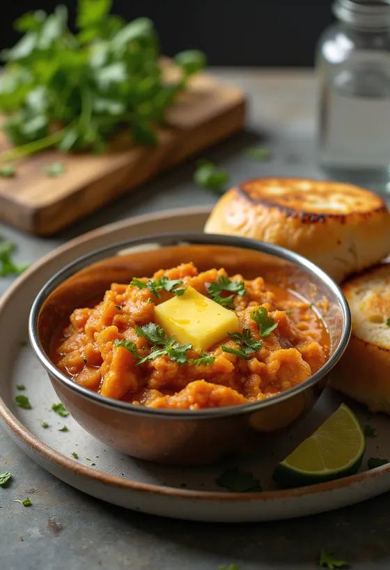 Spicy Pav Bhaji served with toasted buns and fresh cilantro
