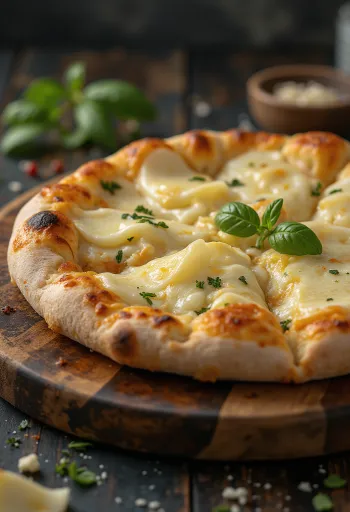 Four cheese pizza with basil
