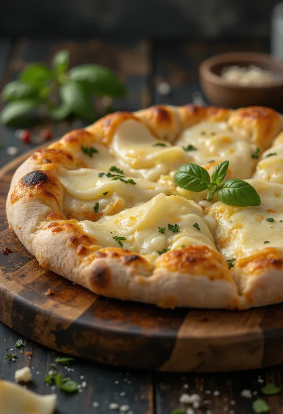 Four cheese pizza with basil