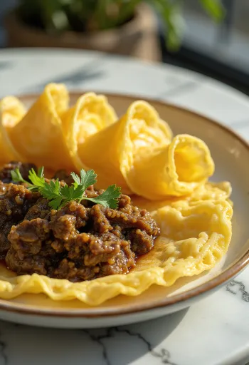 Malaysian Net Crepes with Beef Curry, garnished with cilantro