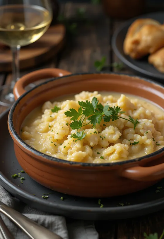 Açorda with salt cod, fish soup with white wine, milk and fresh parsley