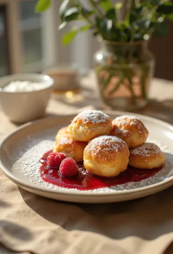 Æbleskiver with raspberry jam and powdered sugar
