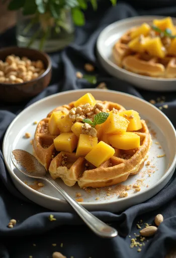 African inspired waffle with mango, peanuts, and lime juice