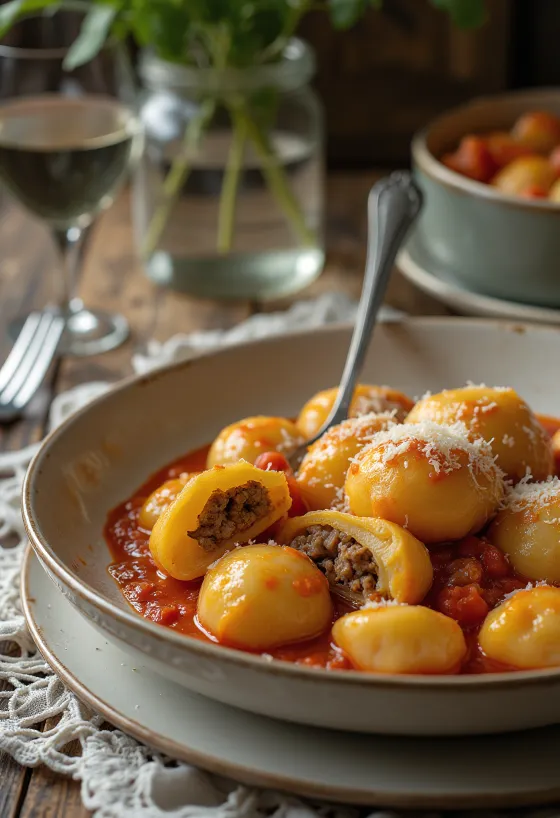 Meat stuffed gnocchi served with sauce