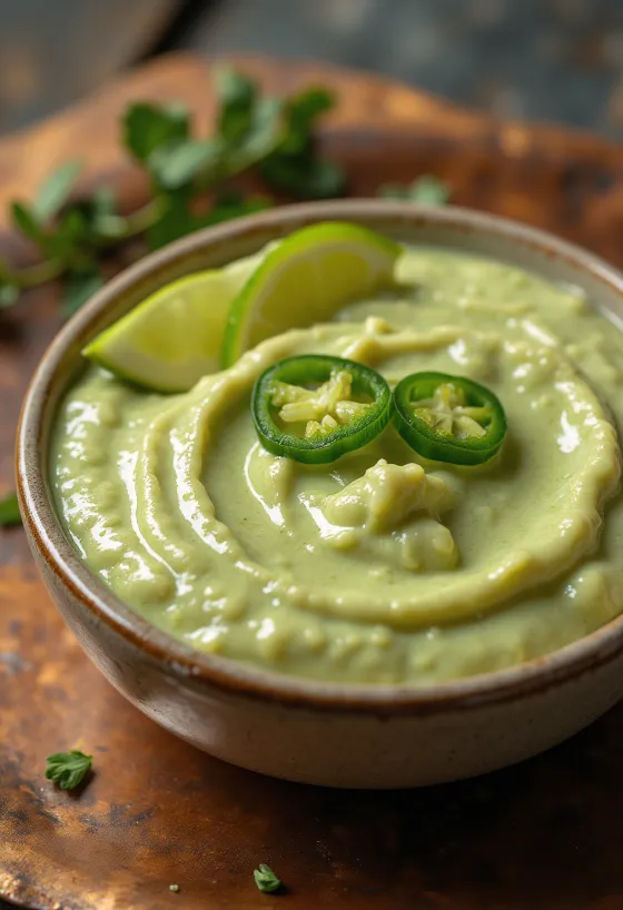 Bowl of creamy green jalapeño lime sauce.