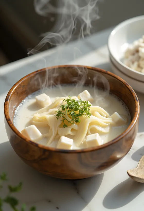 Kasu Jiru with Burdock root, garnished with fresh cilantro