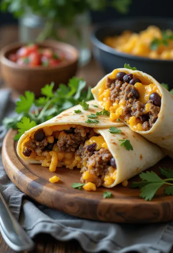 Mexican burrito in tortilla wrap, filled with rice, beans, and beef