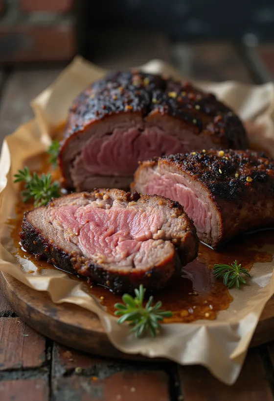 Smoked brisket sliced thinly with barbecue sauce and sides