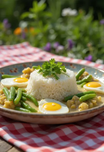 Manipuri style vegetable curry bowl served with rice and cilantro