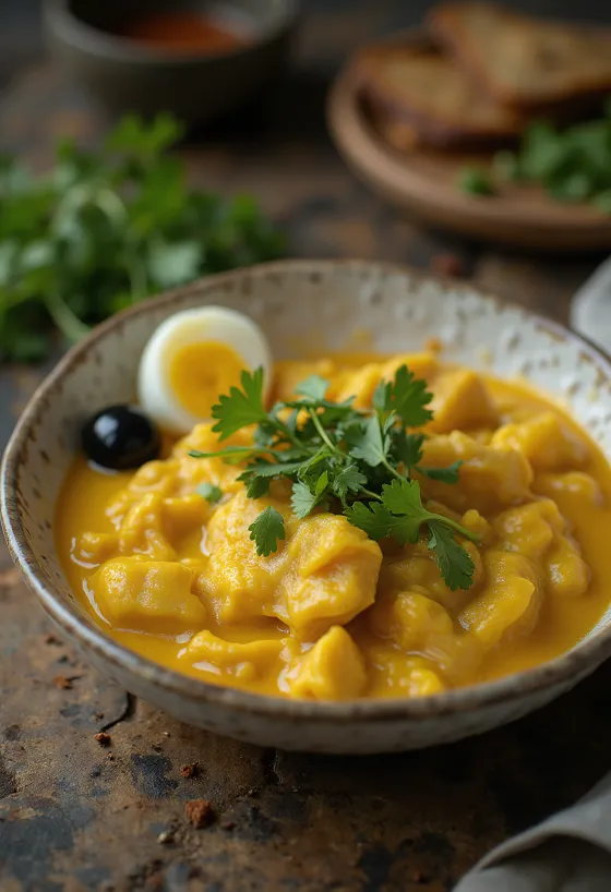 Ají de gallina served with cilantro and creamy sauce