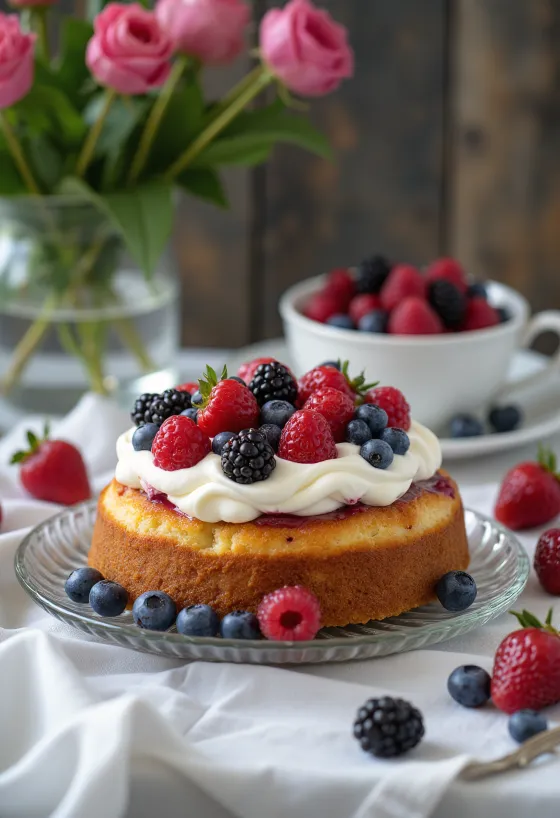 Fresh berry cream cake served on a plate