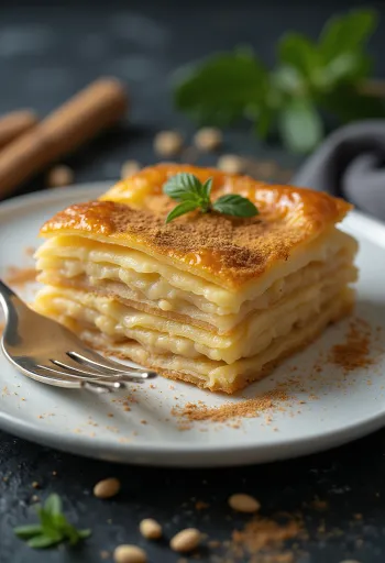 Vegan Galaktoboureko with almond custard and fine phyllo dough