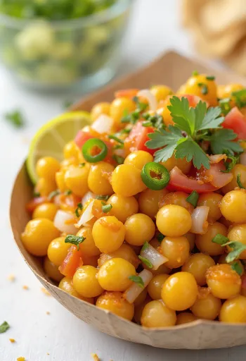 Ghugni chaat served with onion and tomato, garnished with cilantro