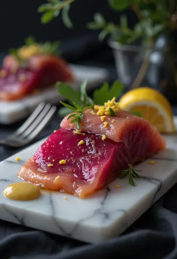Vibrant beet-cured Gravlax salmon sliced with dill