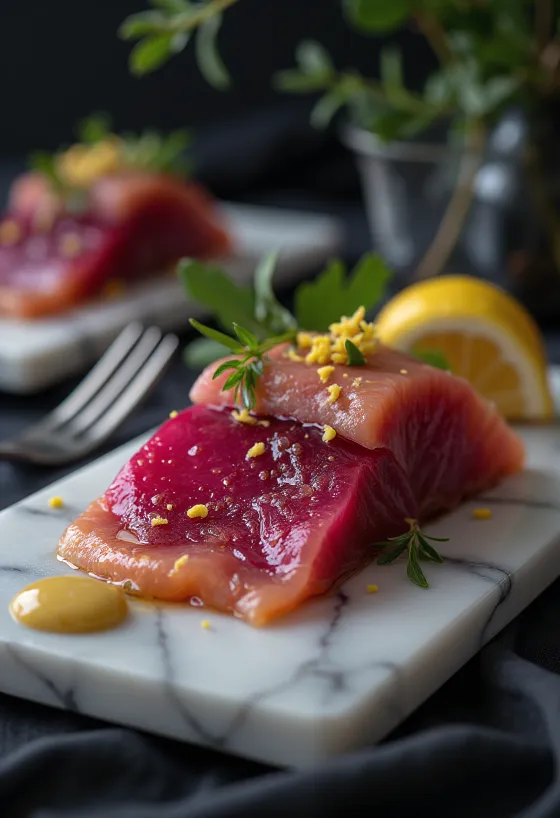 Vibrant beet-cured Gravlax salmon sliced with dill