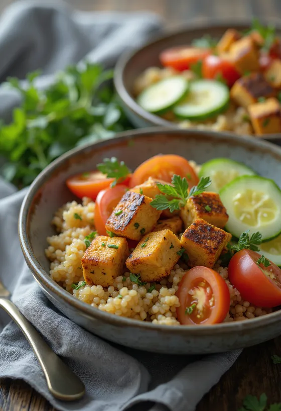 Grilled tofu served with quinoa salad