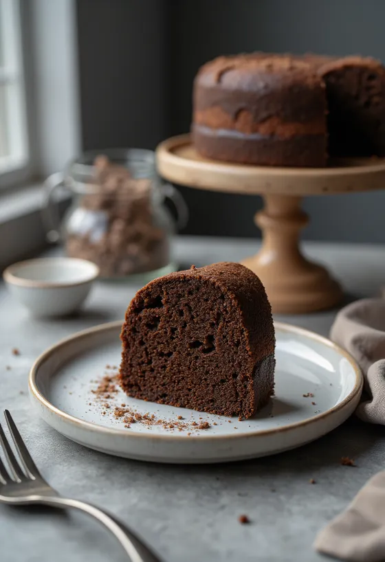 Soft and light cocoa sponge cake, dusted with powdered sugar and cut into slices.