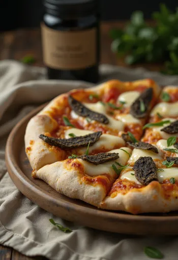 Truffle pizza served with mozzarella and parmesan cheese